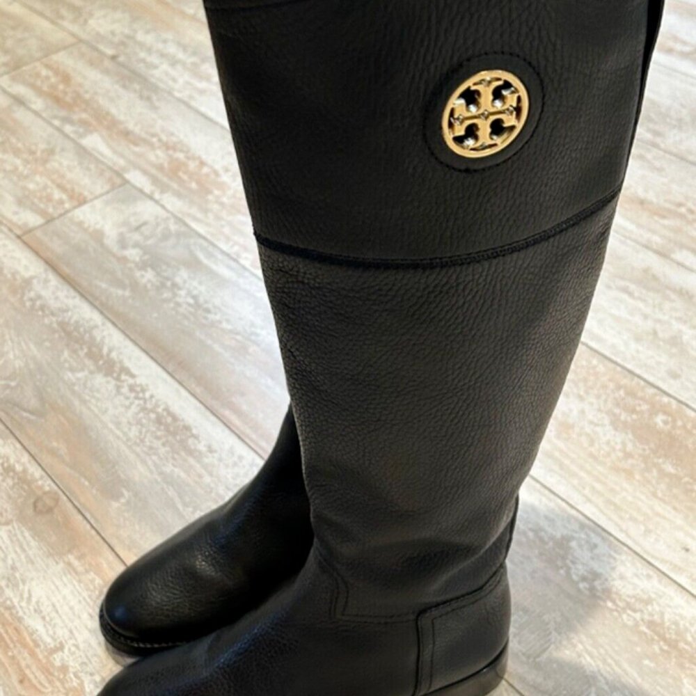 Tory Burch Black Leather Tall Riding Boots with Gold Logo - Picture 7 of 14